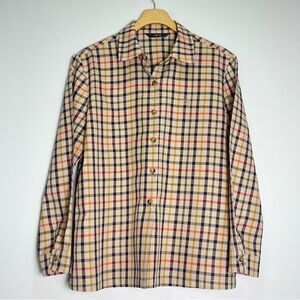 DAKS Women Long Sleeve Housecheck Plaid Tan Shirt Button Up Quality Size Large